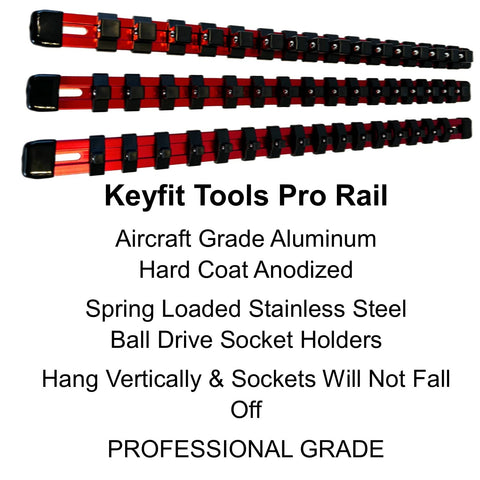 Keyfit Tools Aircraft Grade Aluminum Socket Holder Organizer 6 Piece Set Includes 1/4" 3/8" 1/2" Drive Rails & Socket Extension Adapter Swivel Rails