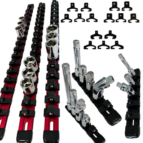 Keyfit Tools Aircraft Grade Aluminum Socket Holder Organizer 6 Piece Set Includes 1/4" 3/8" 1/2" Drive Rails & Socket Extension Adapter Swivel Rails